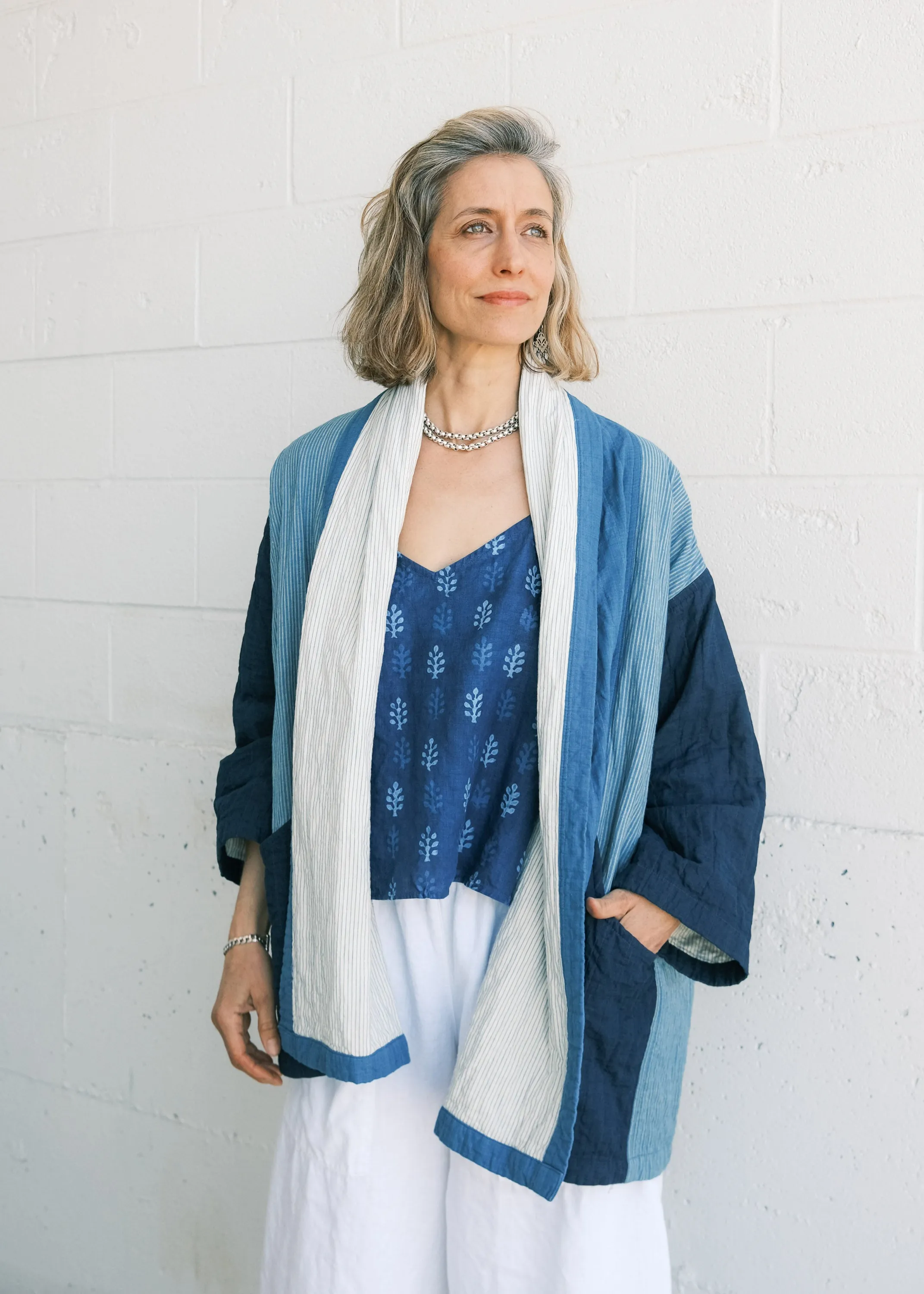 Quilted Botanical Coat - Handwoven Cotton - Indigo