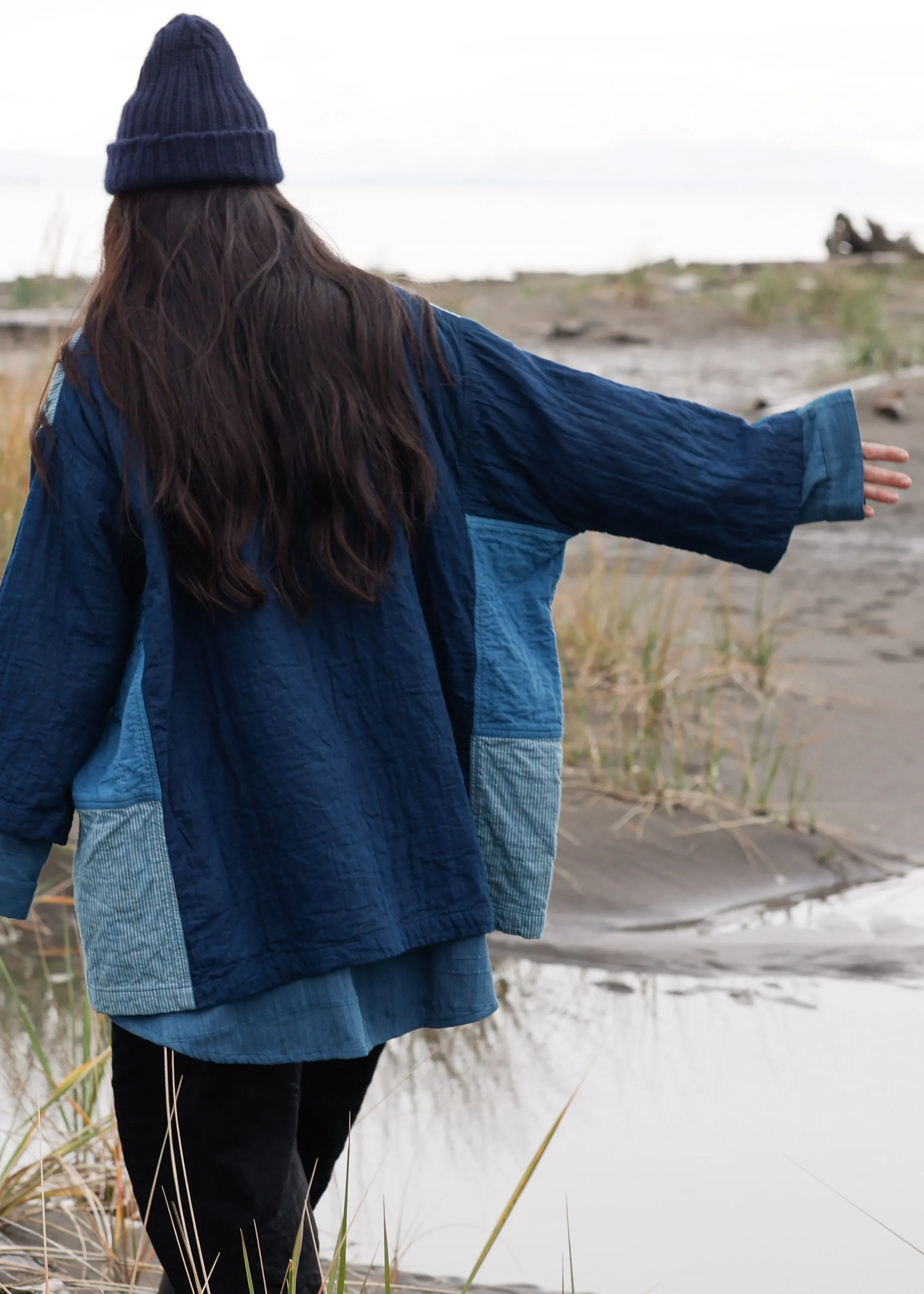 Quilted Botanical Coat - Handwoven Cotton - Indigo