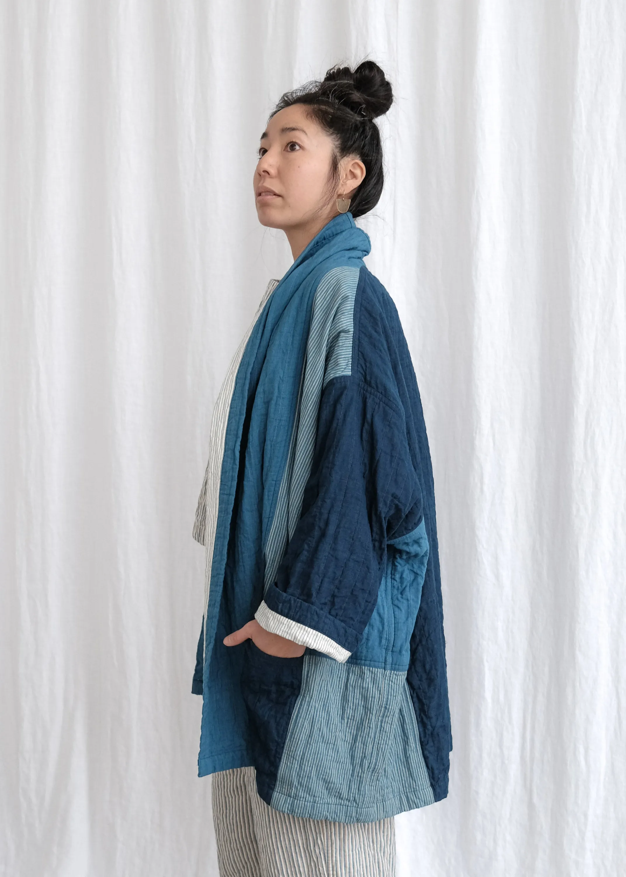 Quilted Botanical Coat - Handwoven Cotton - Indigo