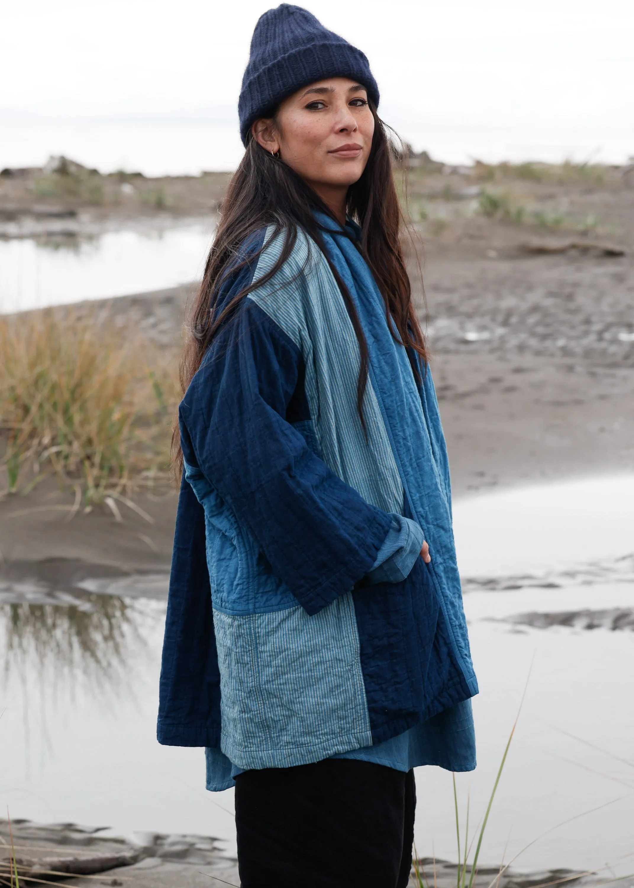Quilted Botanical Coat - Handwoven Cotton - Indigo