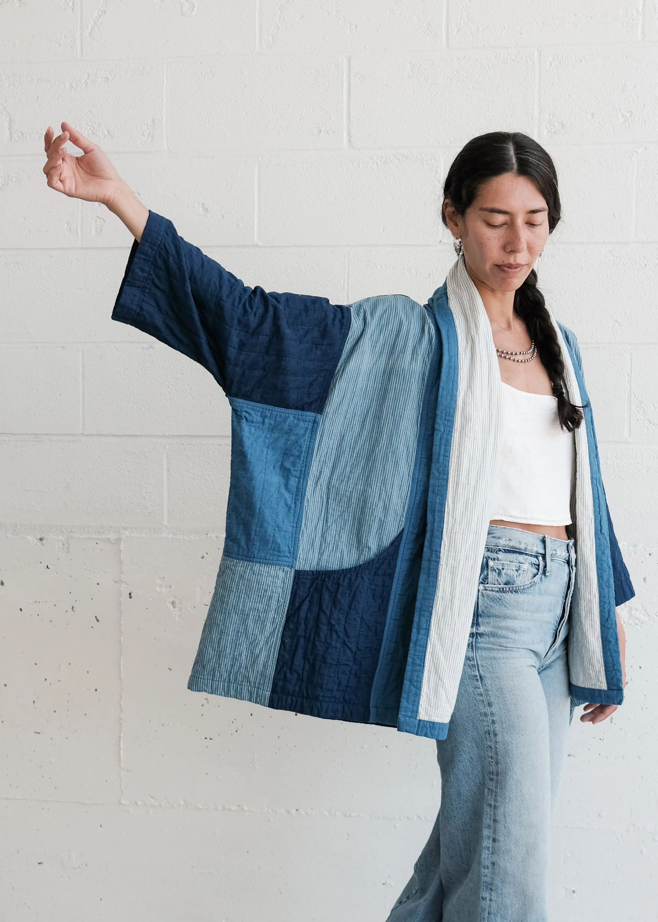 Quilted Botanical Coat - Handwoven Cotton - Indigo