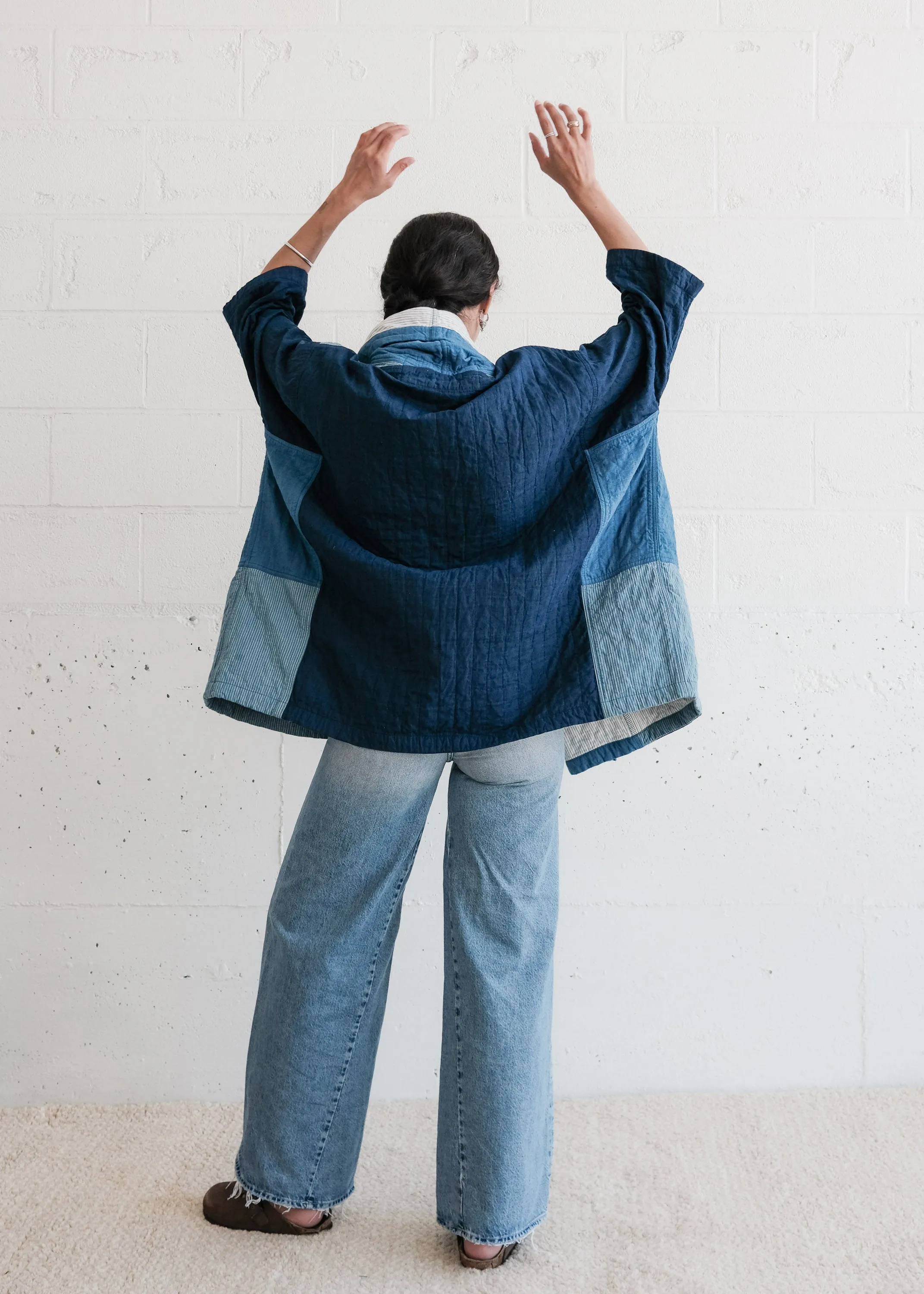 Quilted Botanical Coat - Handwoven Cotton - Indigo