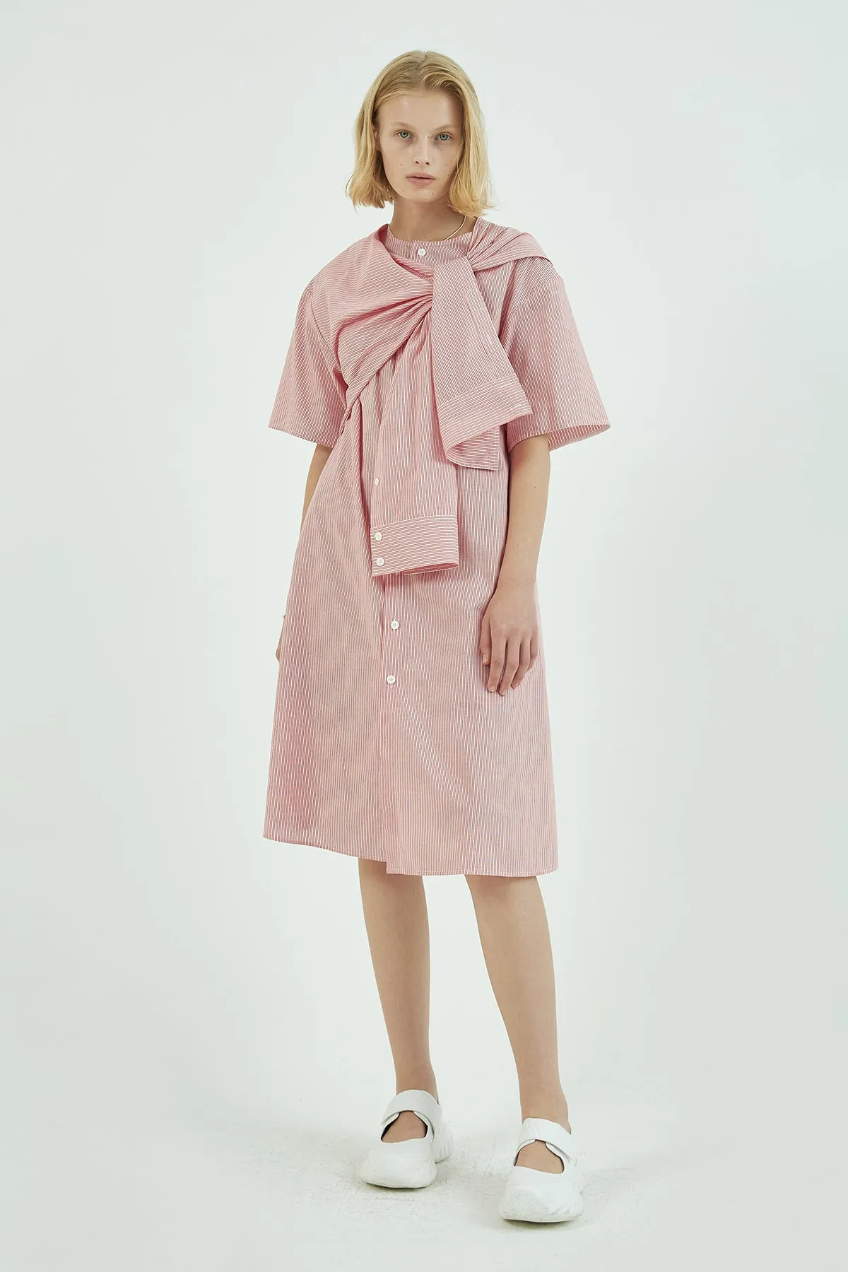 Self-tie knotted-detail striped cotton midi shirt dress