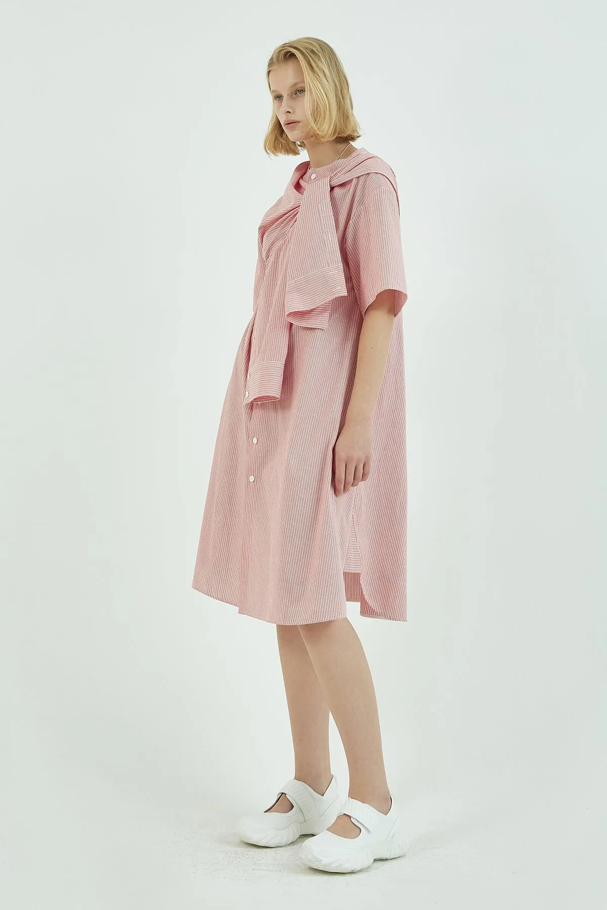 Self-tie knotted-detail striped cotton midi shirt dress