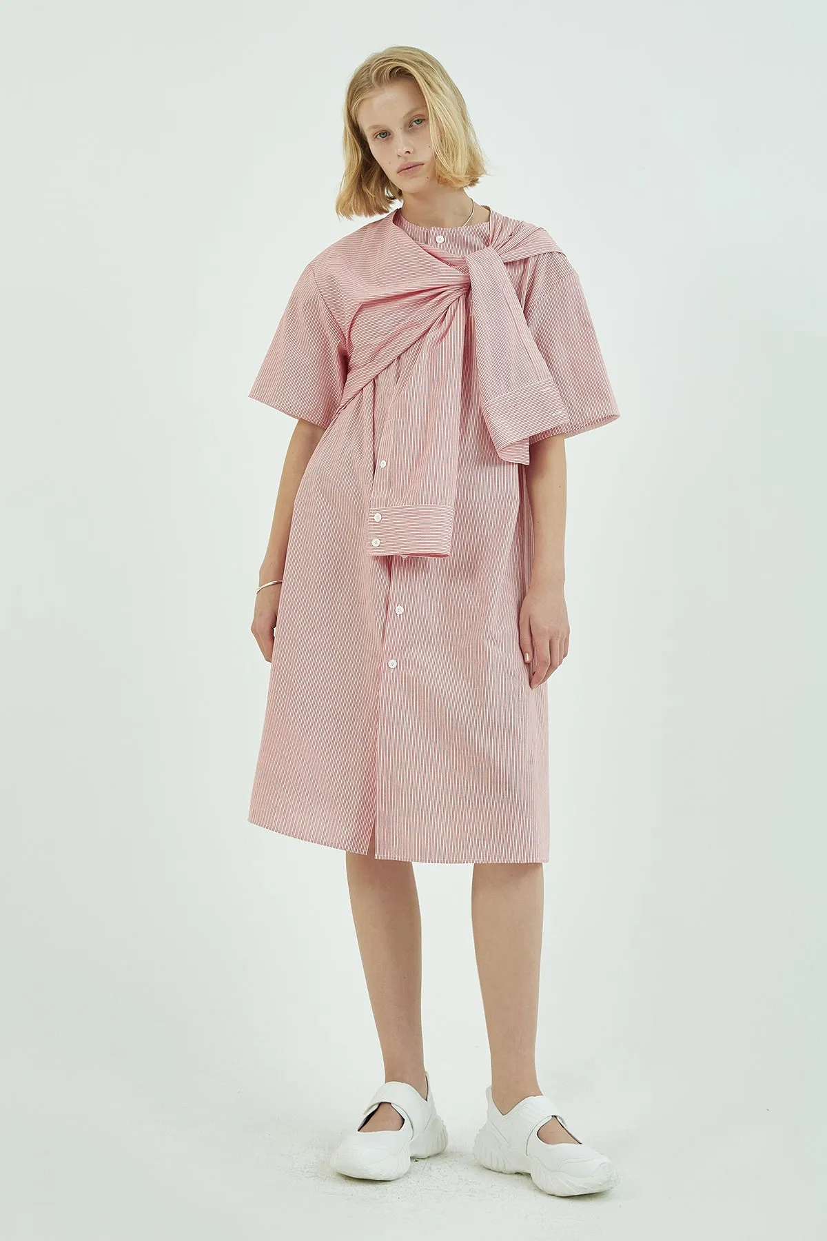 Self-tie knotted-detail striped cotton midi shirt dress