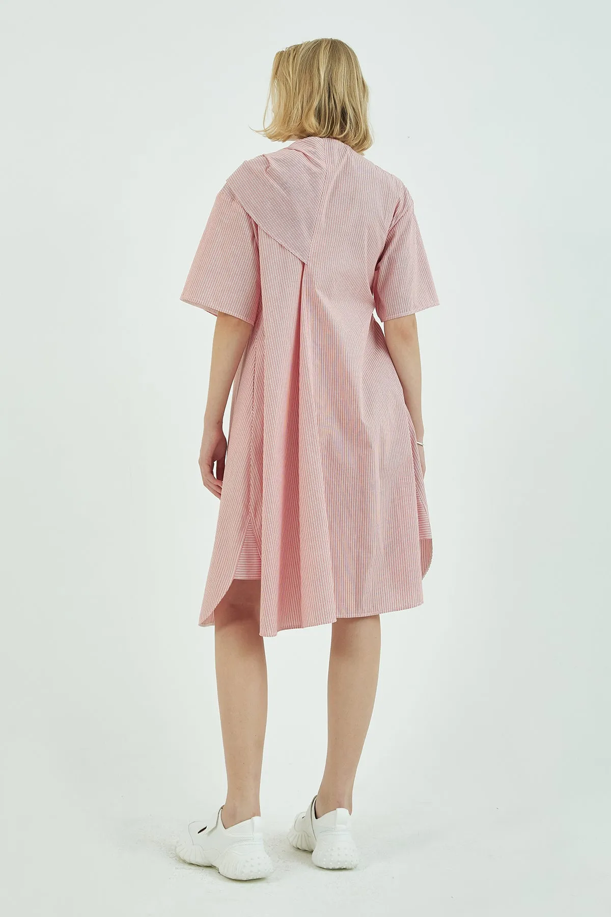 Self-tie knotted-detail striped cotton midi shirt dress