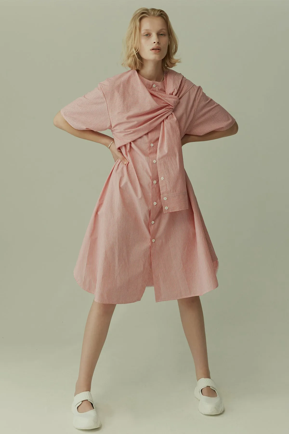 Self-tie knotted-detail striped cotton midi shirt dress