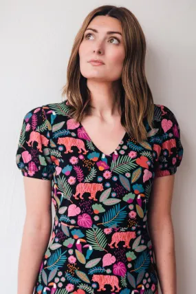 Sugarhill - Annette V-Neck Jersey Dress - Black, Tigers & Toucans