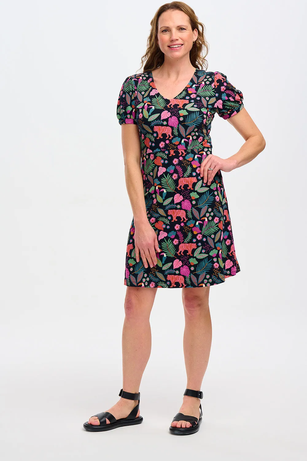 Sugarhill - Annette V-Neck Jersey Dress - Black, Tigers & Toucans