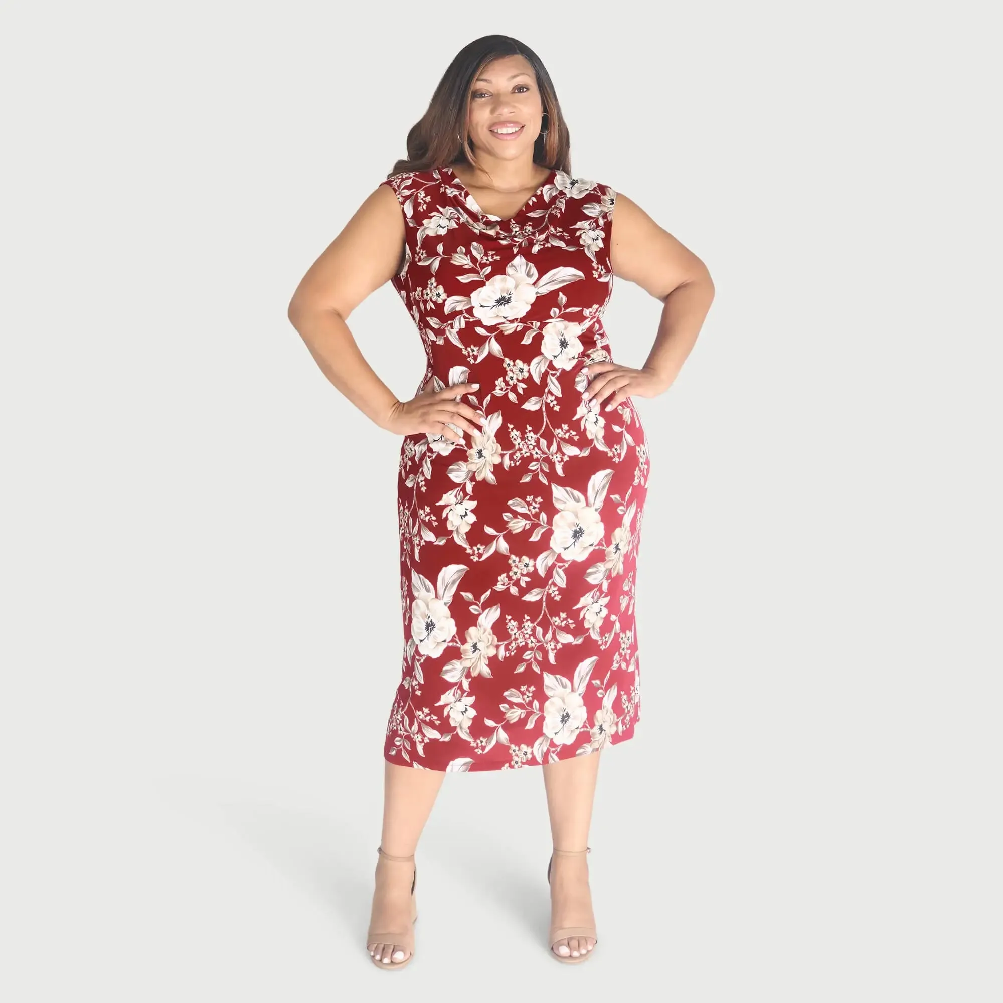 Tonya Crimson Cowl Neck Midi Dress