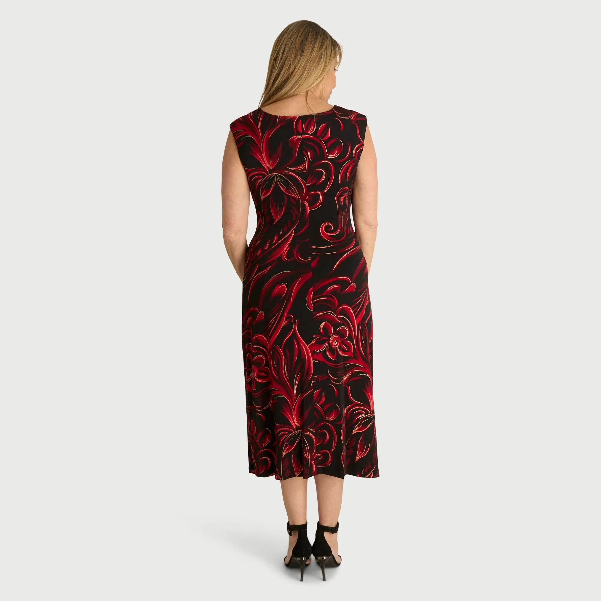 Tonya Red Abstract Cowl Neck Midi Dress
