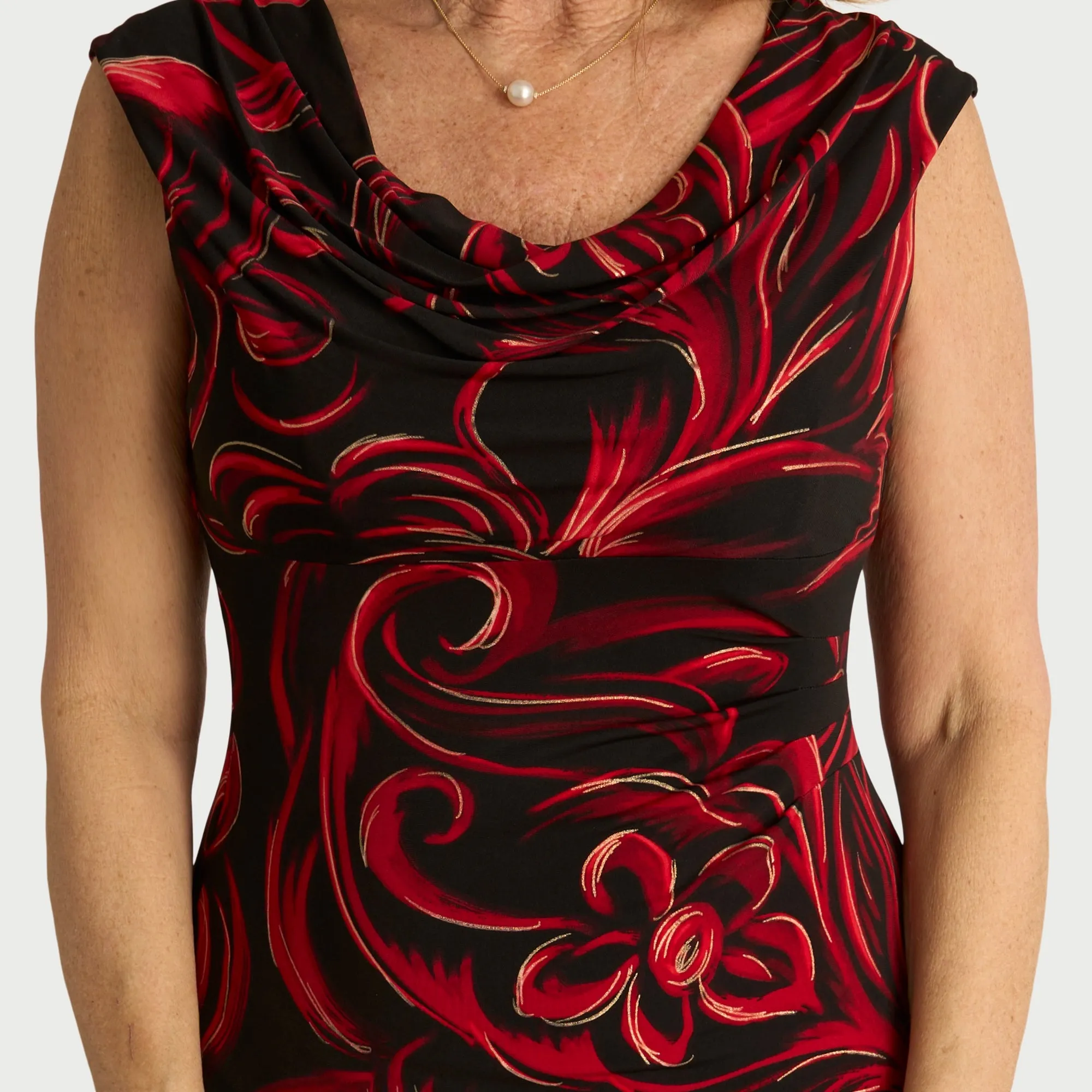Tonya Red Abstract Cowl Neck Midi Dress