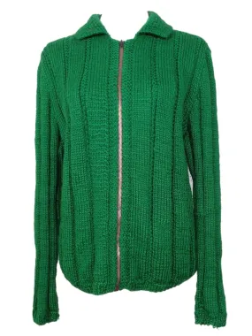 Vintage 60s Mod Kitsch Hippie Bohemian Grannycore Handmade Solid Basic Bright Green Knit Woven Collared Zip Up Sweater | Size M-L